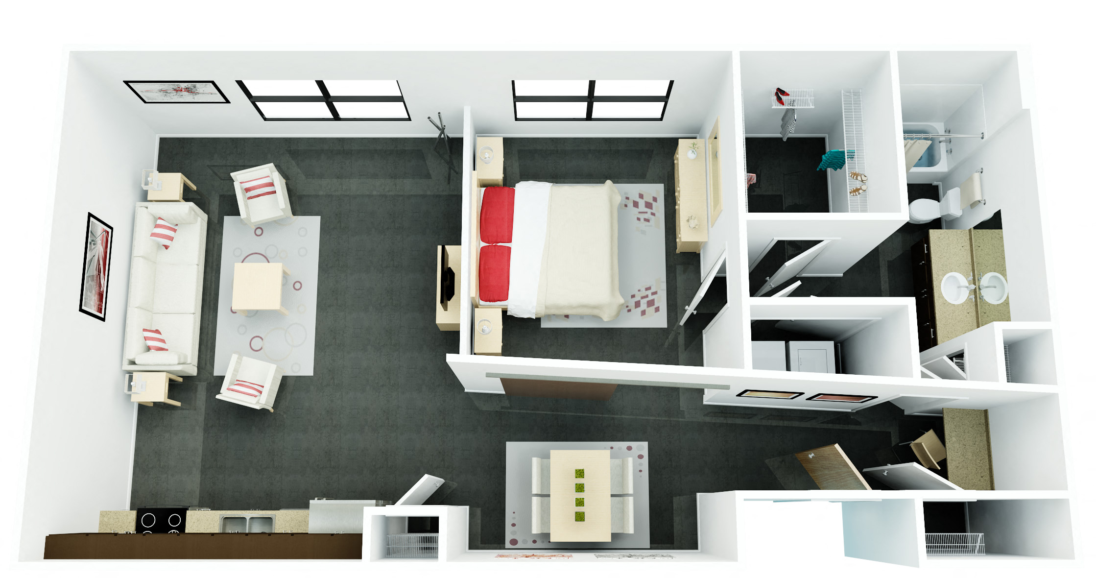 Floor plan for 1 bed, 1 bath, 827 sqft