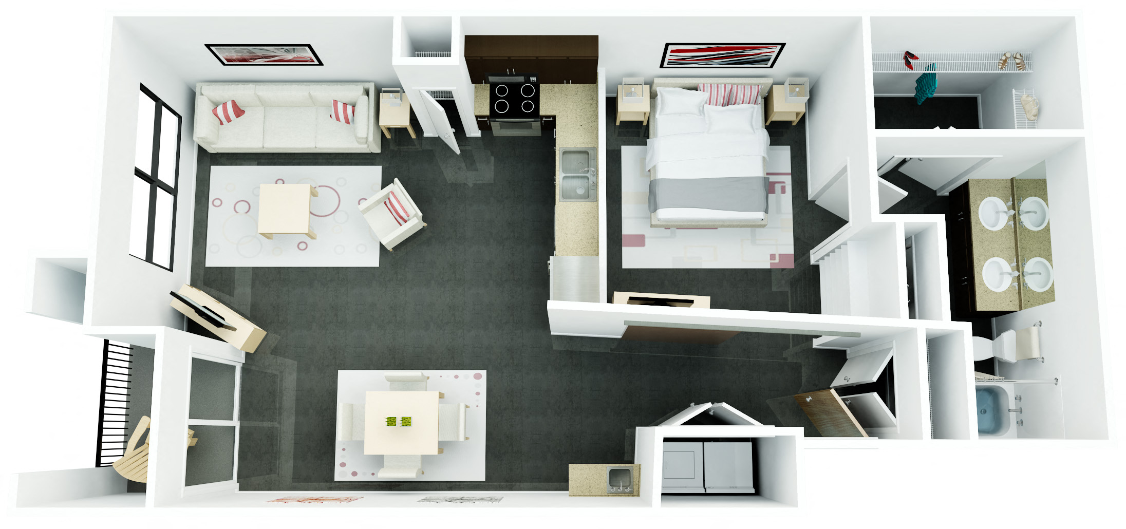 Floor plan for 1 bed, 1 bath, 888 sqft