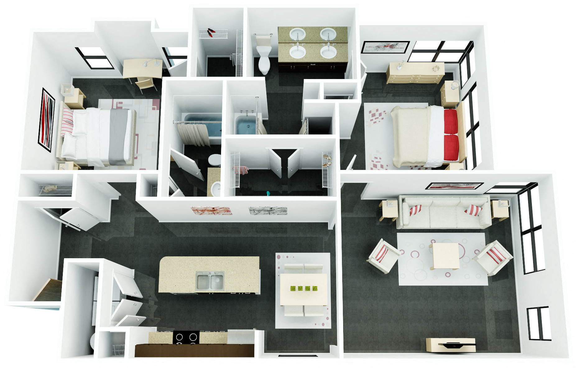 Floor plan for 2 beds, 2 baths, 1292 sqft