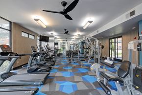 Dallas apartment for rent - a gym with cardio equipment and a ceiling fan
