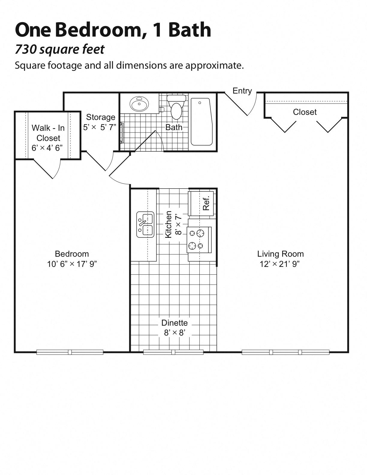 Floor plan for 1 bed, 1 bath, 764 sqft