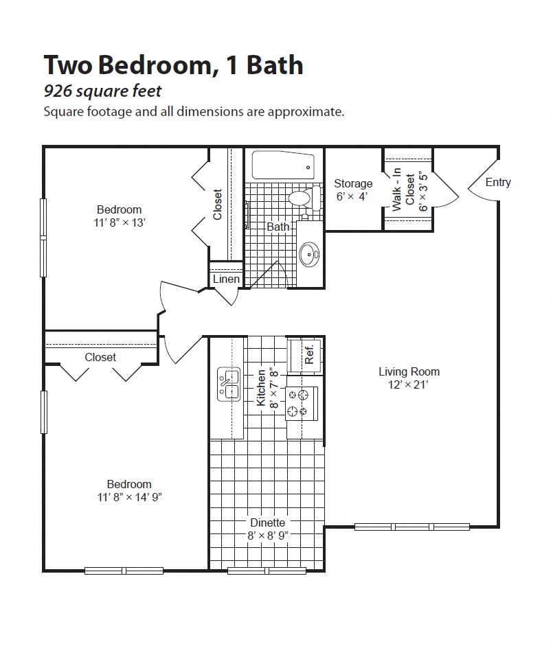 Floor plan for 2 beds, 1 bath, 926 sqft