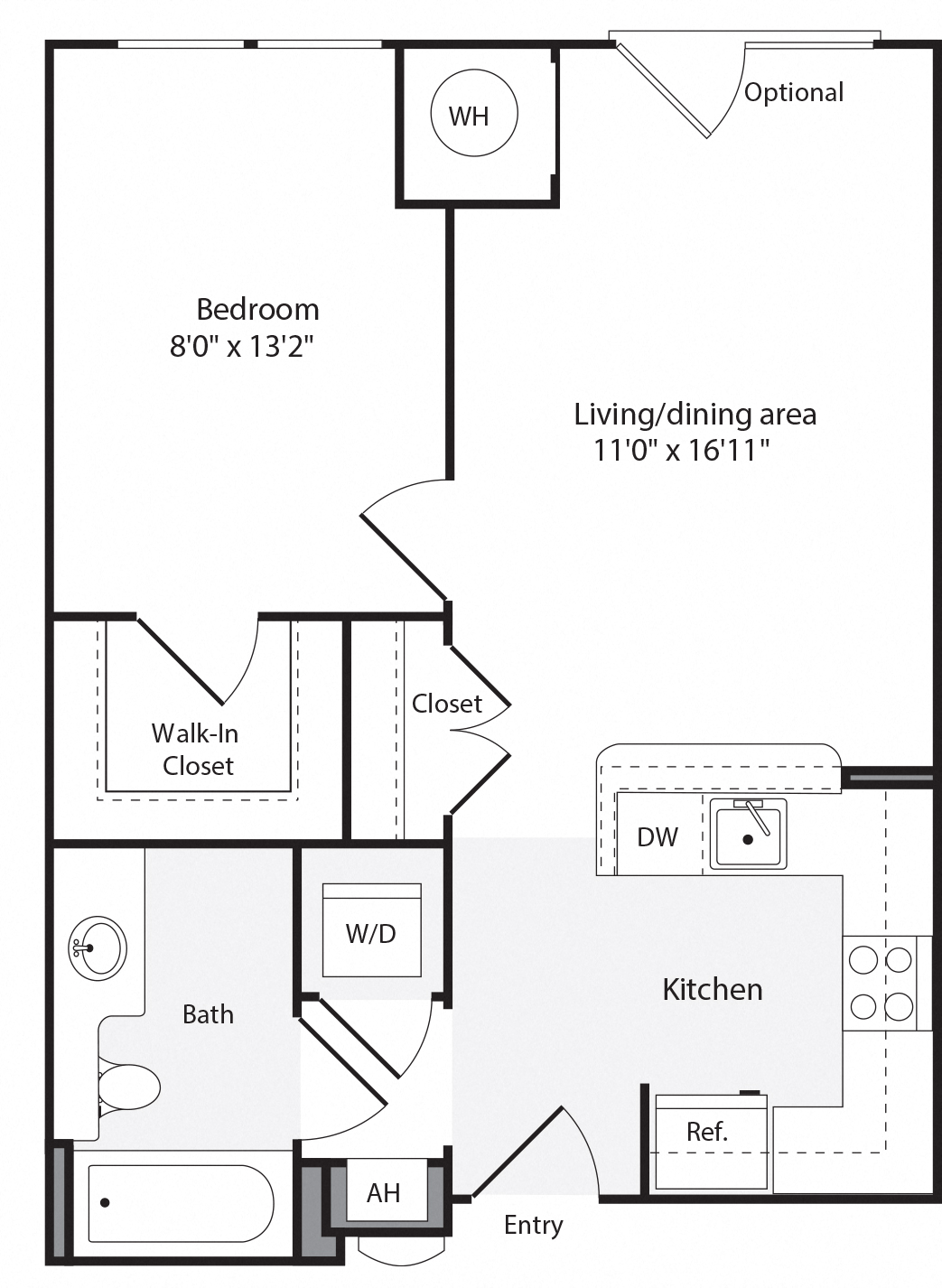 Floor plan for 1 bed, 1 bath, 590 sqft