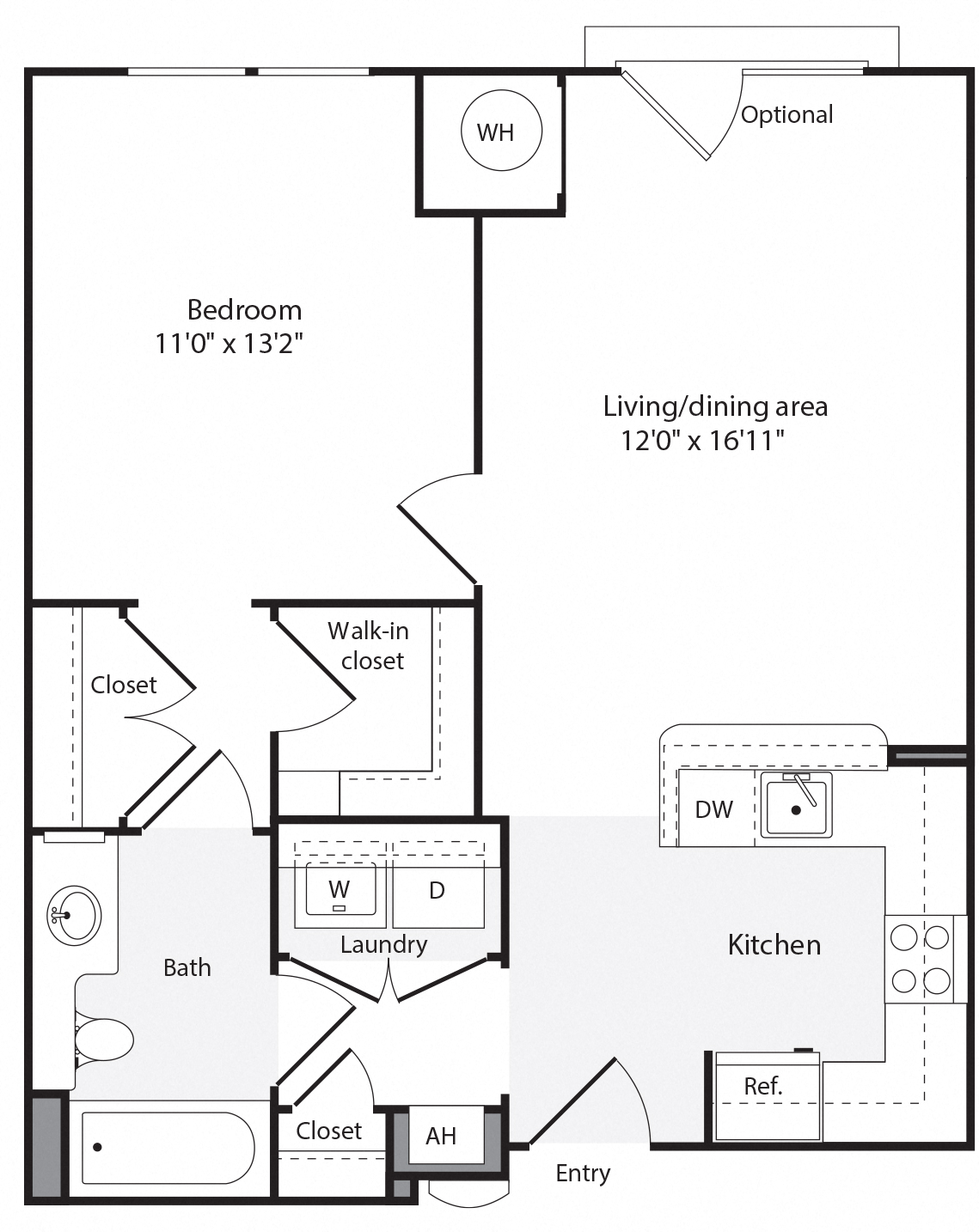 Floor plan for 1 bed, 1 bath, 684 sqft