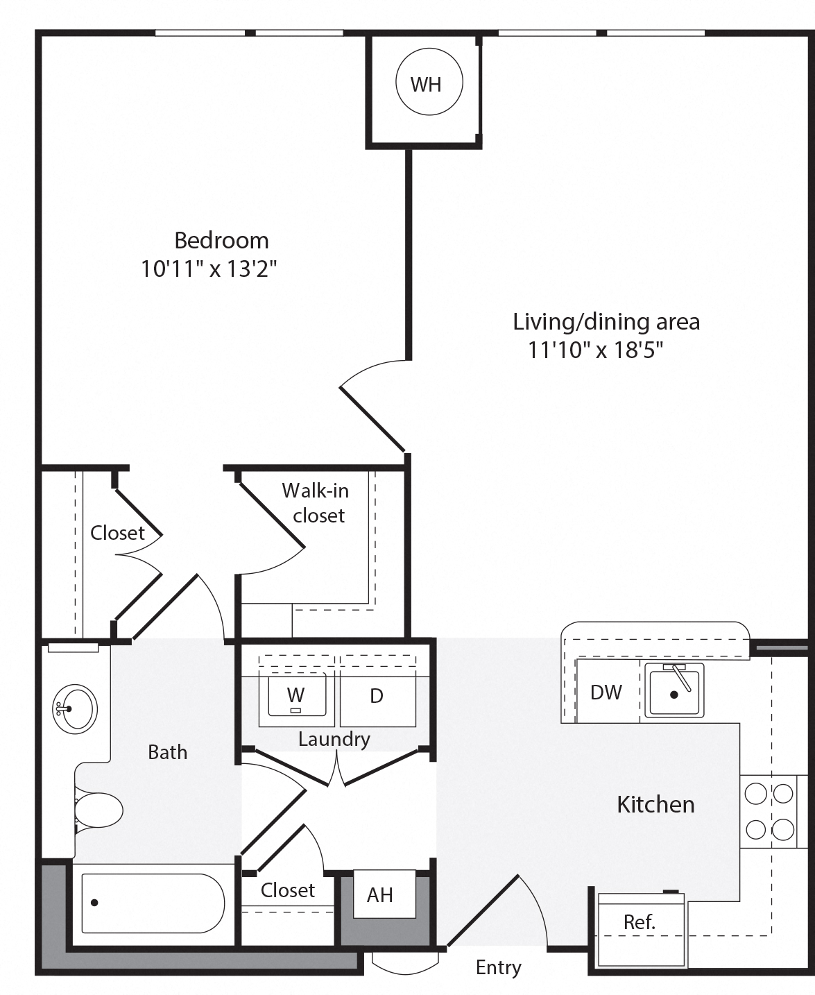 Floor plan for 1 bed, 1 bath, 701 sqft
