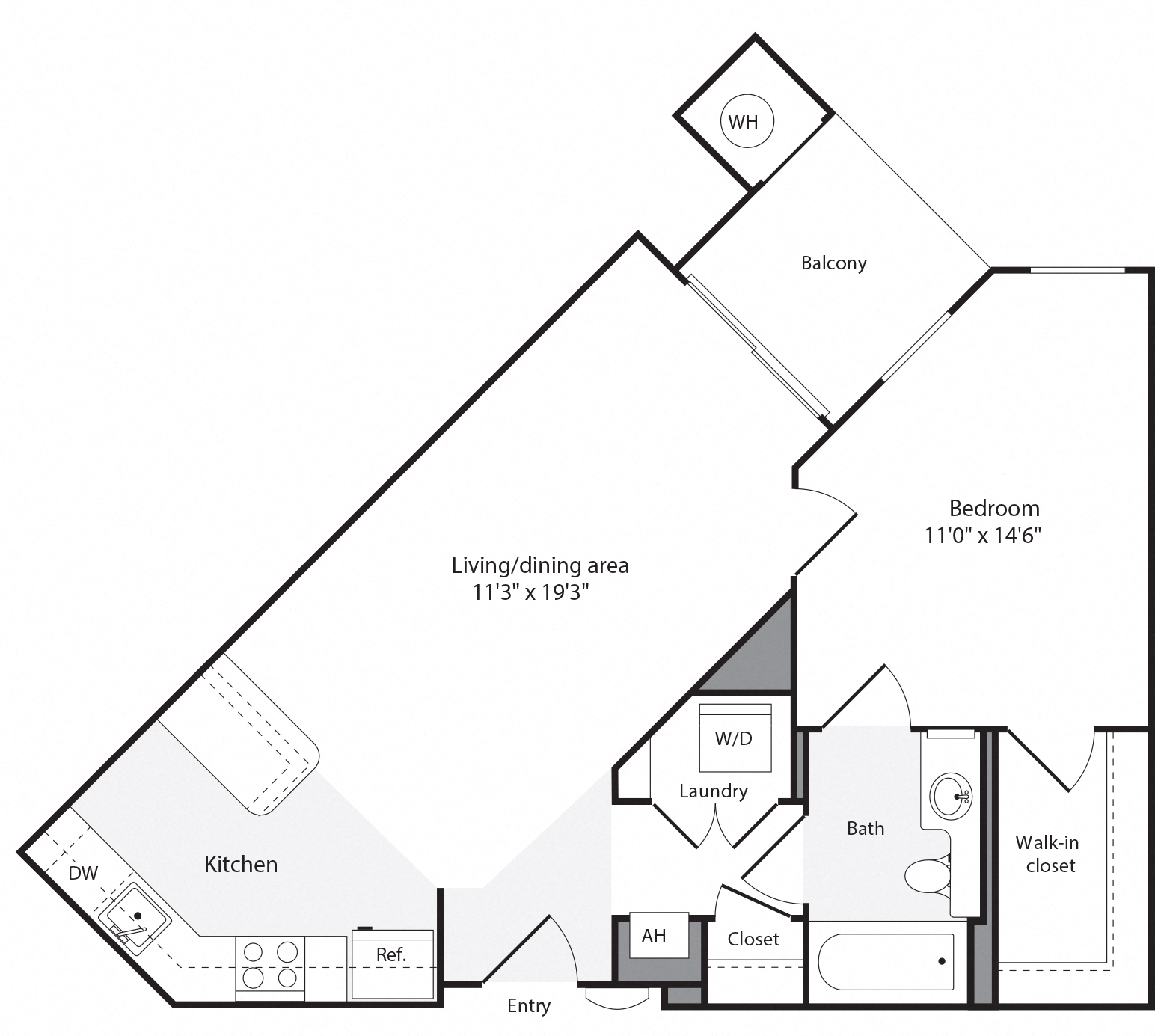 Floor plan for 1 bed, 1 bath, 704 sqft