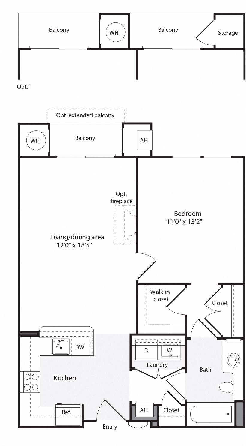 Floor plan for 1 bed, 1 bath, 715 sqft