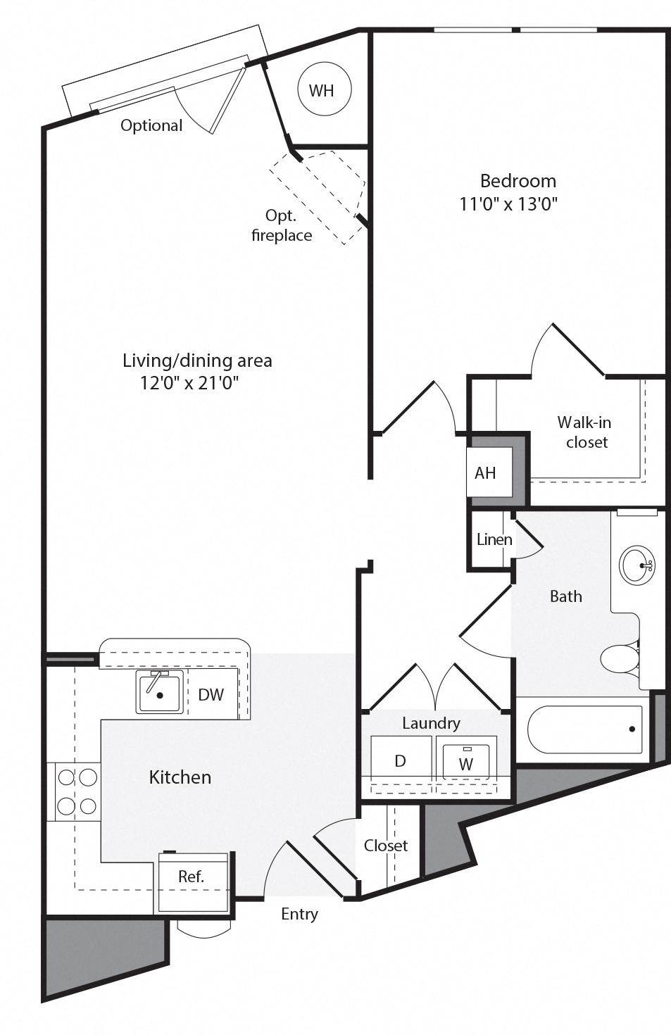 Floor plan for 1 bed, 1 bath, 724 sqft