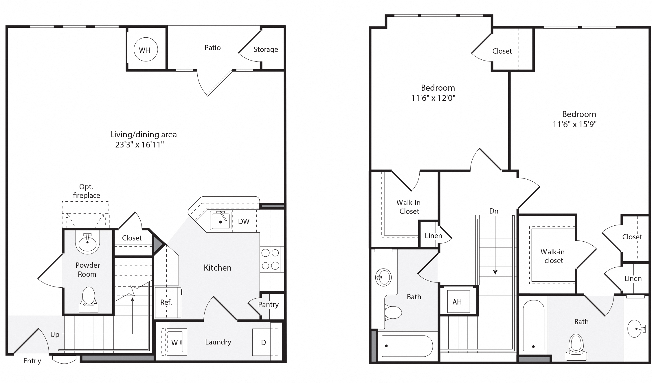 Floor plan for 2 beds, 2.5 baths, 1369 sqft