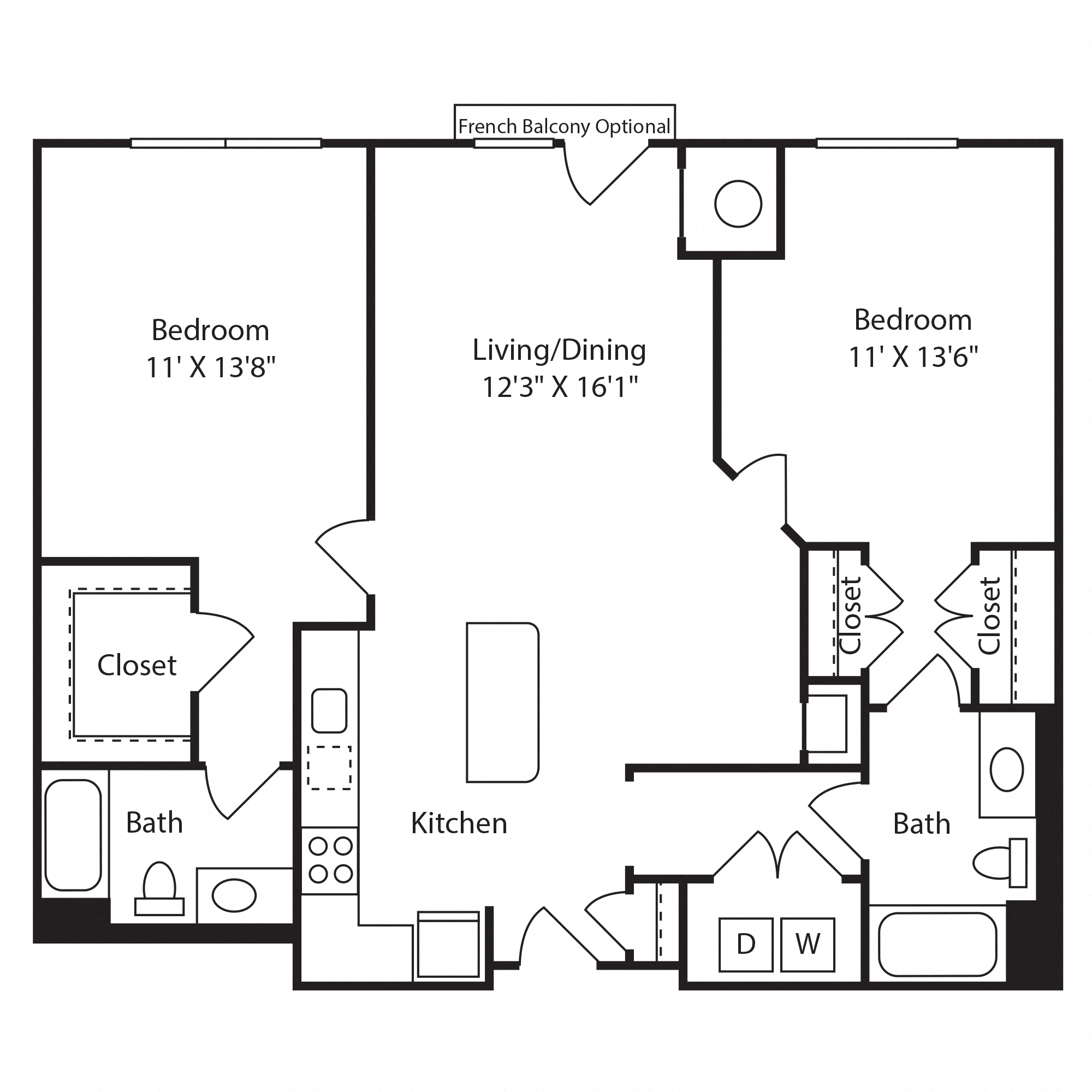 Floor plan for 2 beds, 2 baths, 1040 sqft