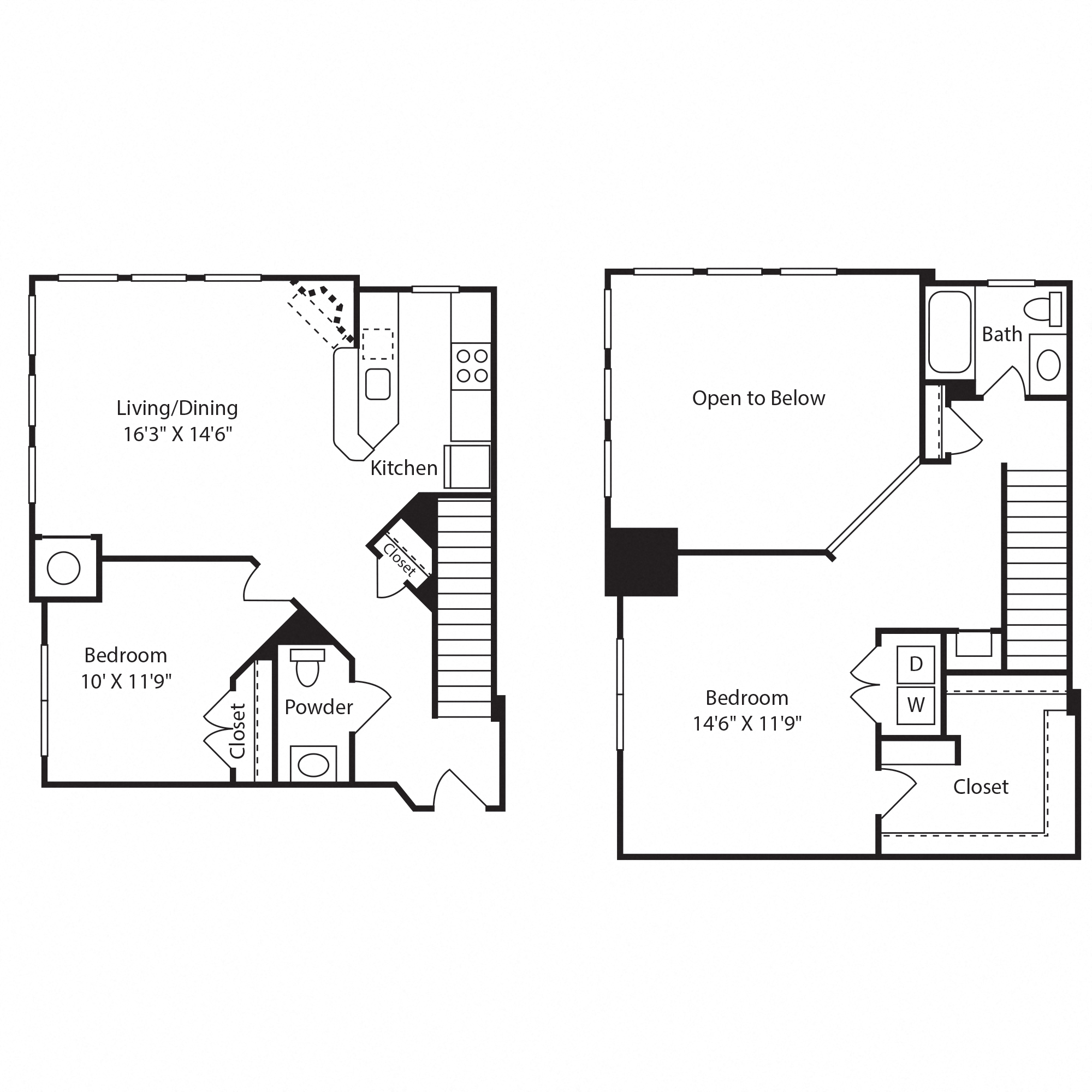 Floor plan for 2 beds, 1.5 baths, 1168 sqft