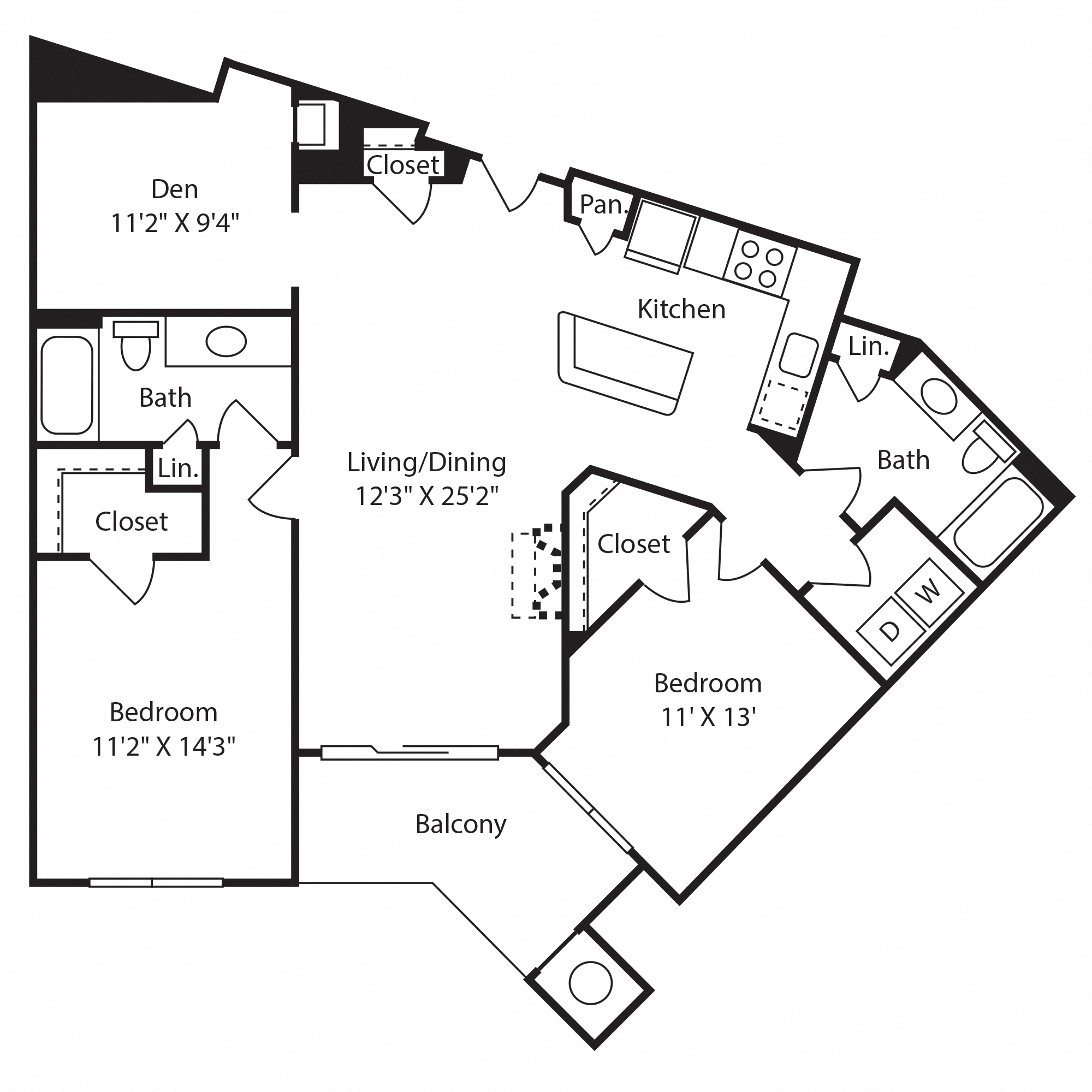 Floor plan for 2 beds, 2 baths, 1246 sqft