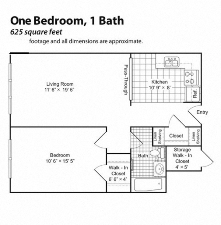 Floor plan for 1 bed, 1 bath, 625 sqft