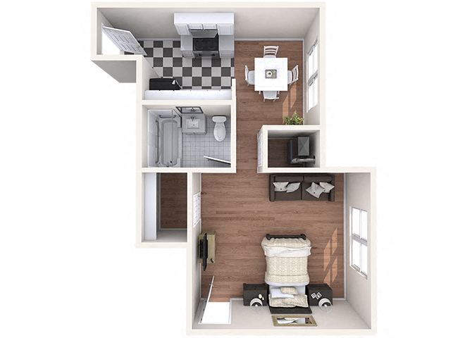 Floor plan for studio, 1 bath, 500 sqft