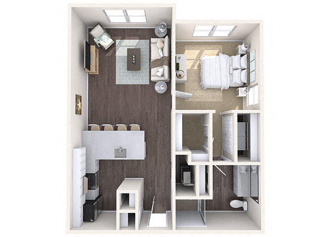 Floor plan for 1 bed, 1 bath, 725 sqft