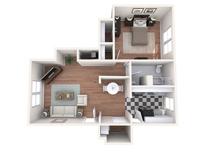 Floor plan for 1 bed, 1 bath, 780 sqft