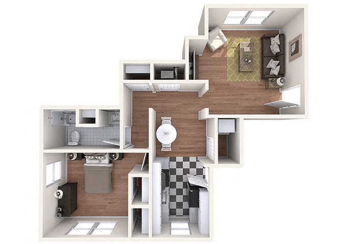 Floor plan for 1 bed, 1 bath, 800 sqft