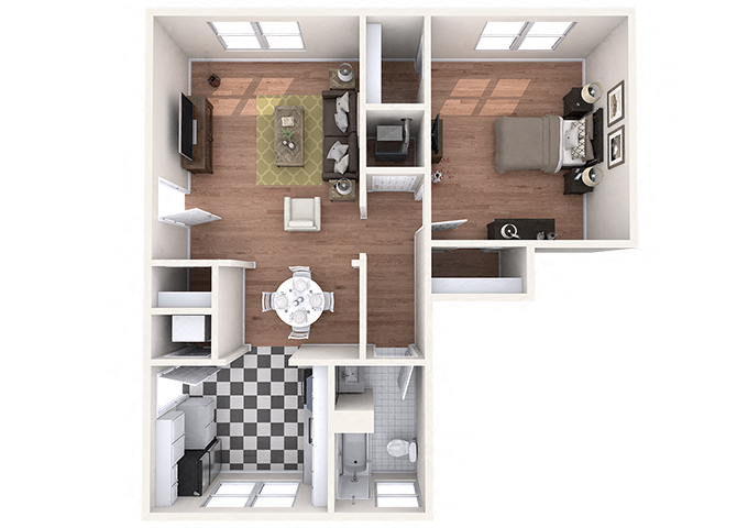 Floor plan for 1 bed, 1 bath, 810 sqft
