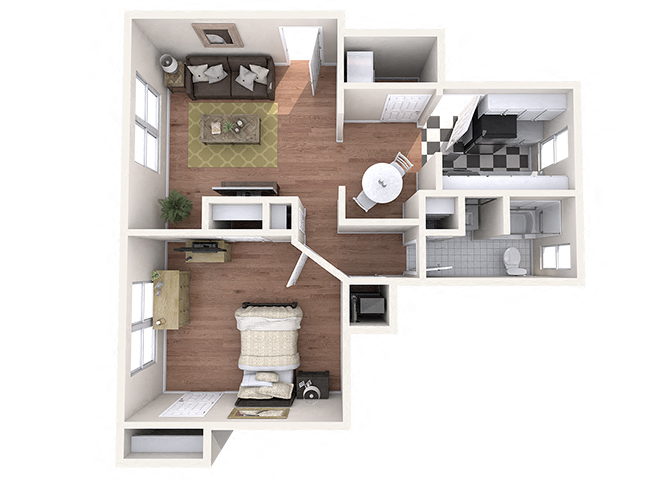 Floor plan for 1 bed, 1 bath, 820 sqft