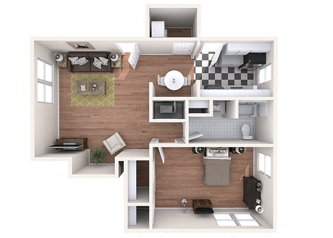 Floor plan for 1 bed, 1 bath, 870 sqft