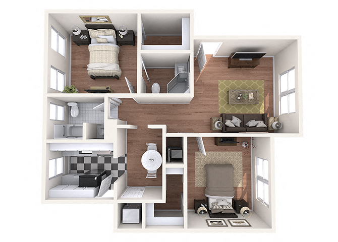 Floor plan for 2 beds, 2 baths, 990 sqft