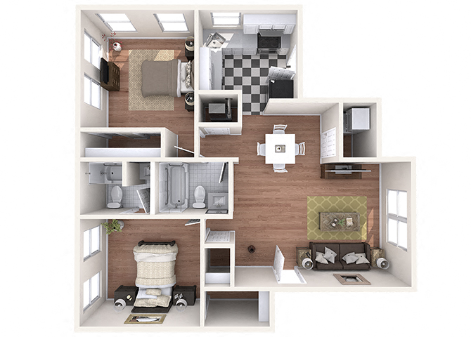Floor plan for 2 beds, 2 baths, 1080 sqft