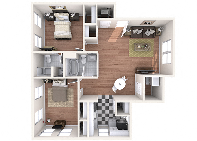 Floor plan for 2 beds, 2 baths, 1100 sqft