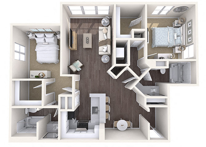 Floor plan for 2 beds, 2 baths, 1225 sqft