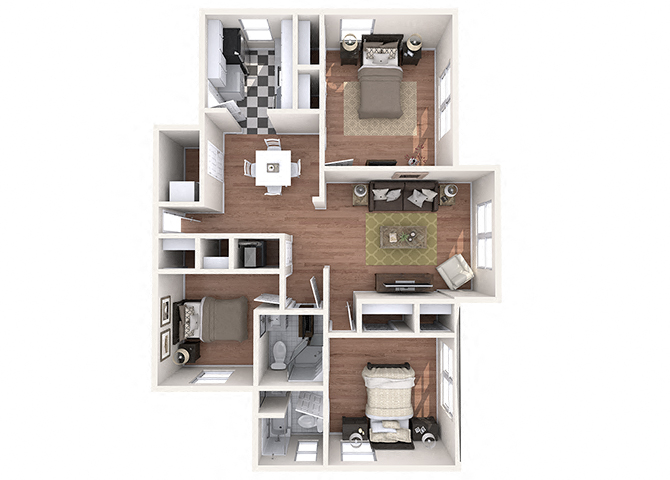 Floor plan for 3 beds, 2 baths, 1320 sqft