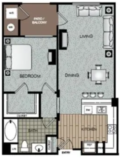 Floor plan for 1 bed, 1 bath, 632 sqft