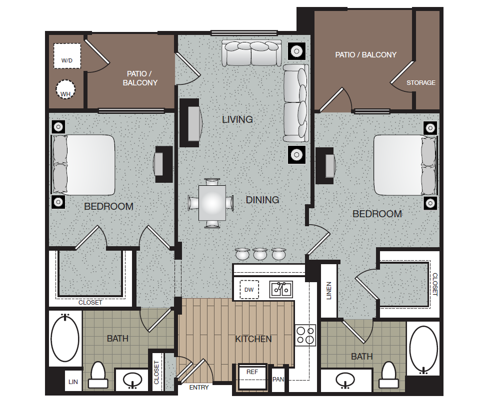 Floor plan for 2 beds, 2 baths, 1026 sqft