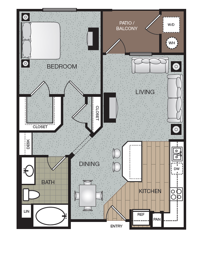 Floor plan for 1 bed, 1 bath, 739 sqft