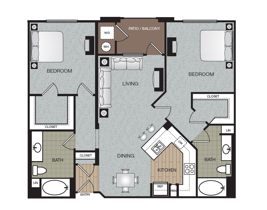 Floor plan for 2 beds, 2 baths, 1123 sqft