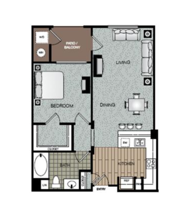 Floor plan for 1 bed, 1 bath, 724 sqft