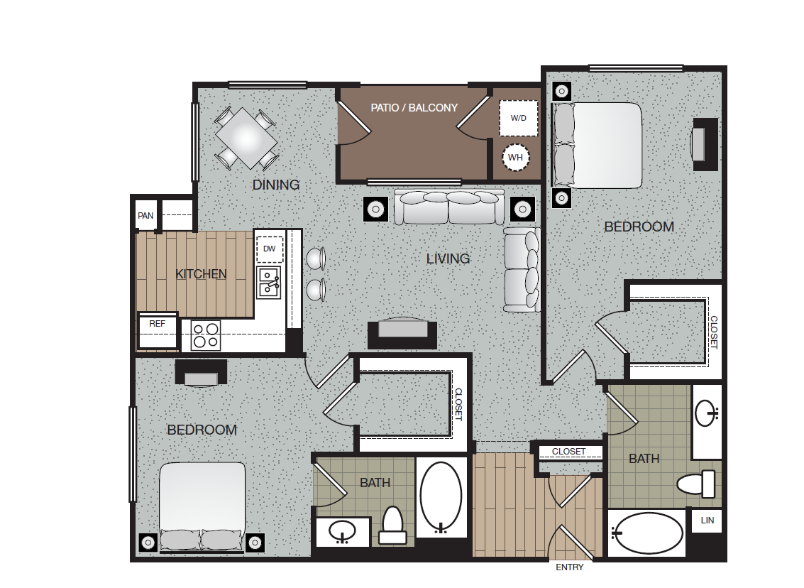 Floor plan for 2 beds, 2 baths, 1084 sqft