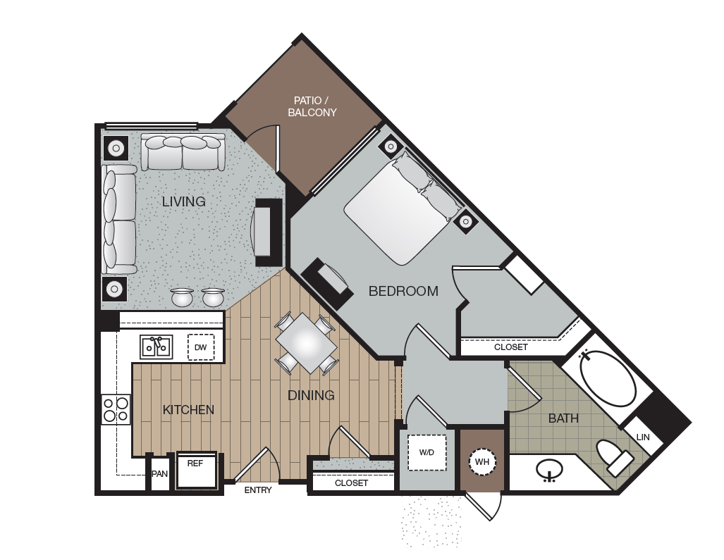Floor plan for 1 bed, 1 bath, 721 sqft