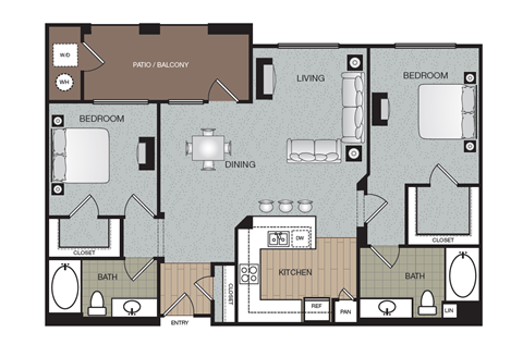 Floor plan for 2 beds, 2 baths, 1150 sqft