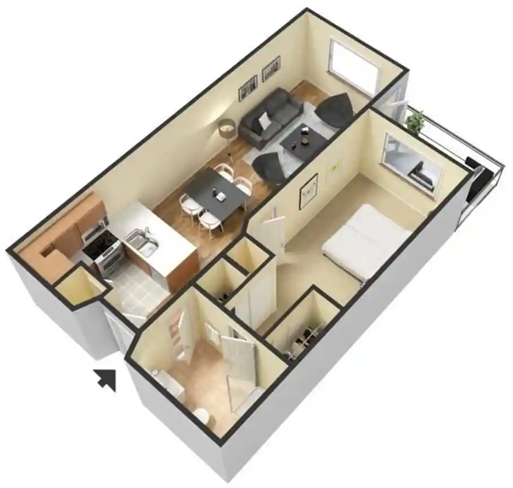 Floor plan for 1 bed, 1 bath, 560 sqft