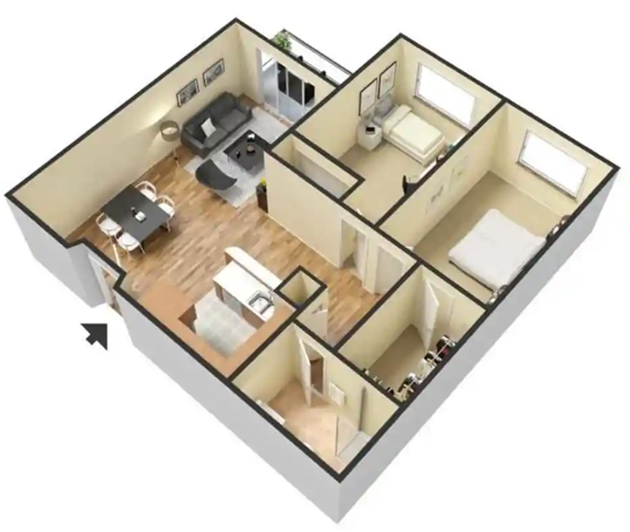 Floor plan for 2 beds, 1 bath, 730 sqft