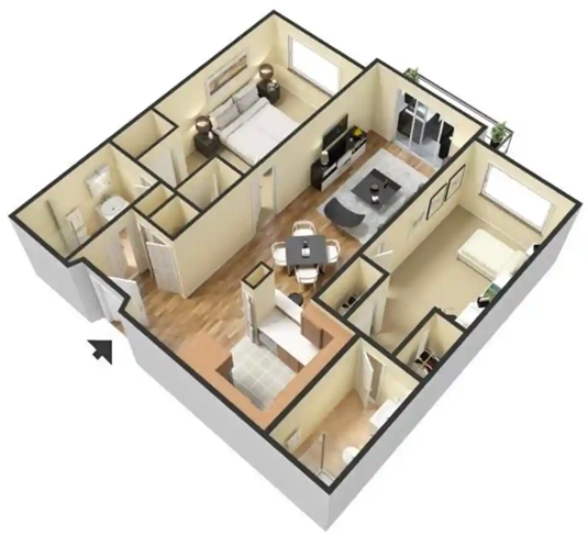 Floor plan for 2 beds, 2 baths, 860 sqft
