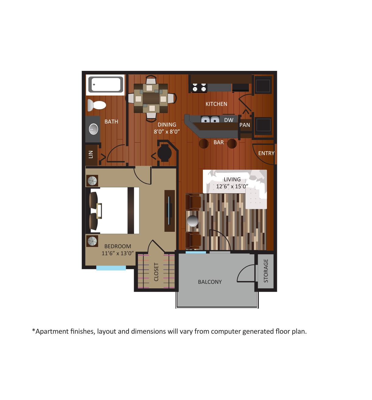 Floor plan for 1 bed, 1 bath, 671 sqft