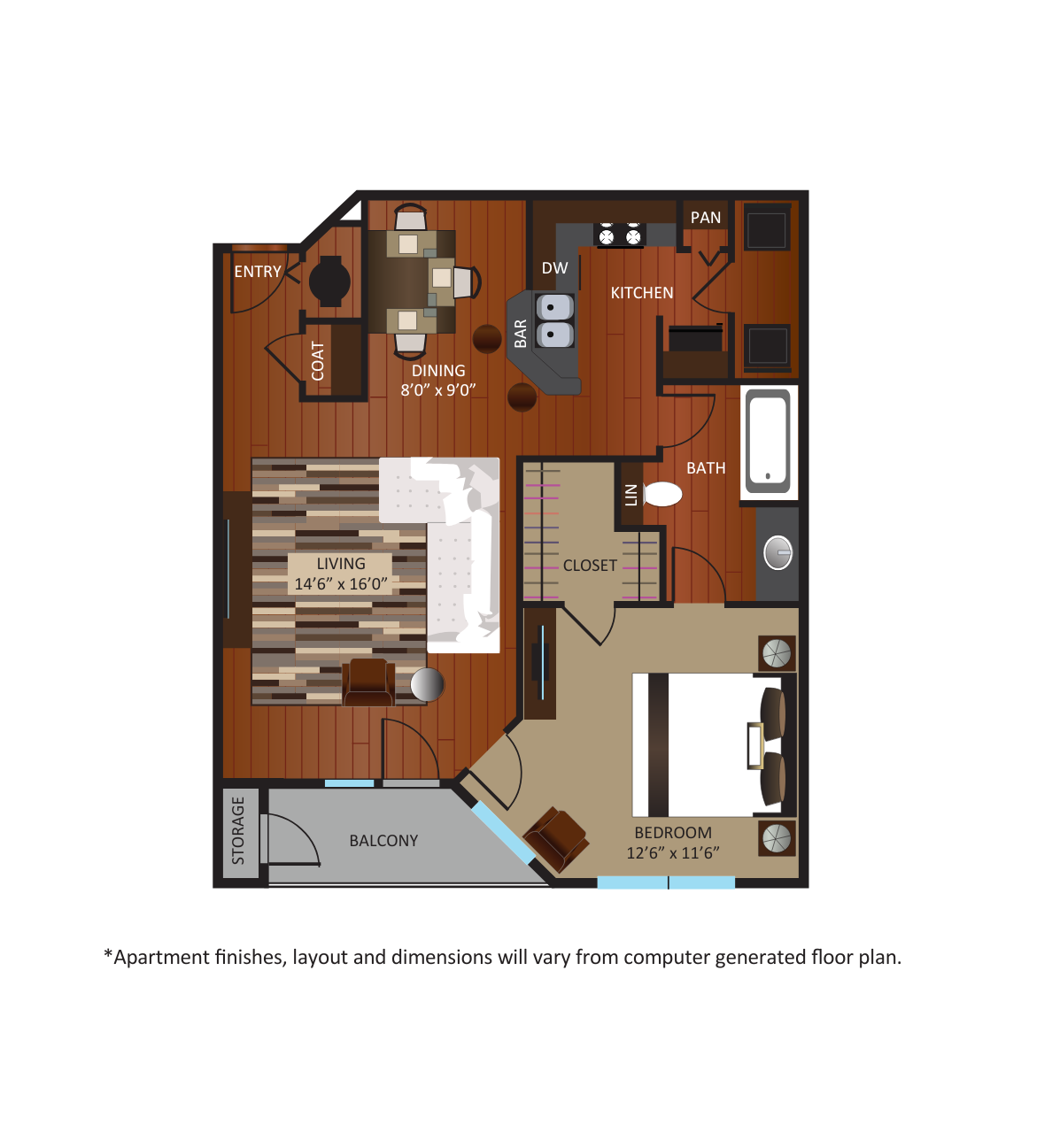 Floor plan for 1 bed, 1 bath, 782 sqft