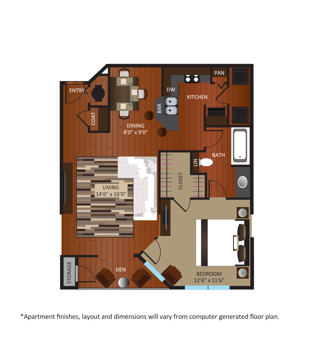 Floor plan for 1 bed, 1 bath, 852 sqft