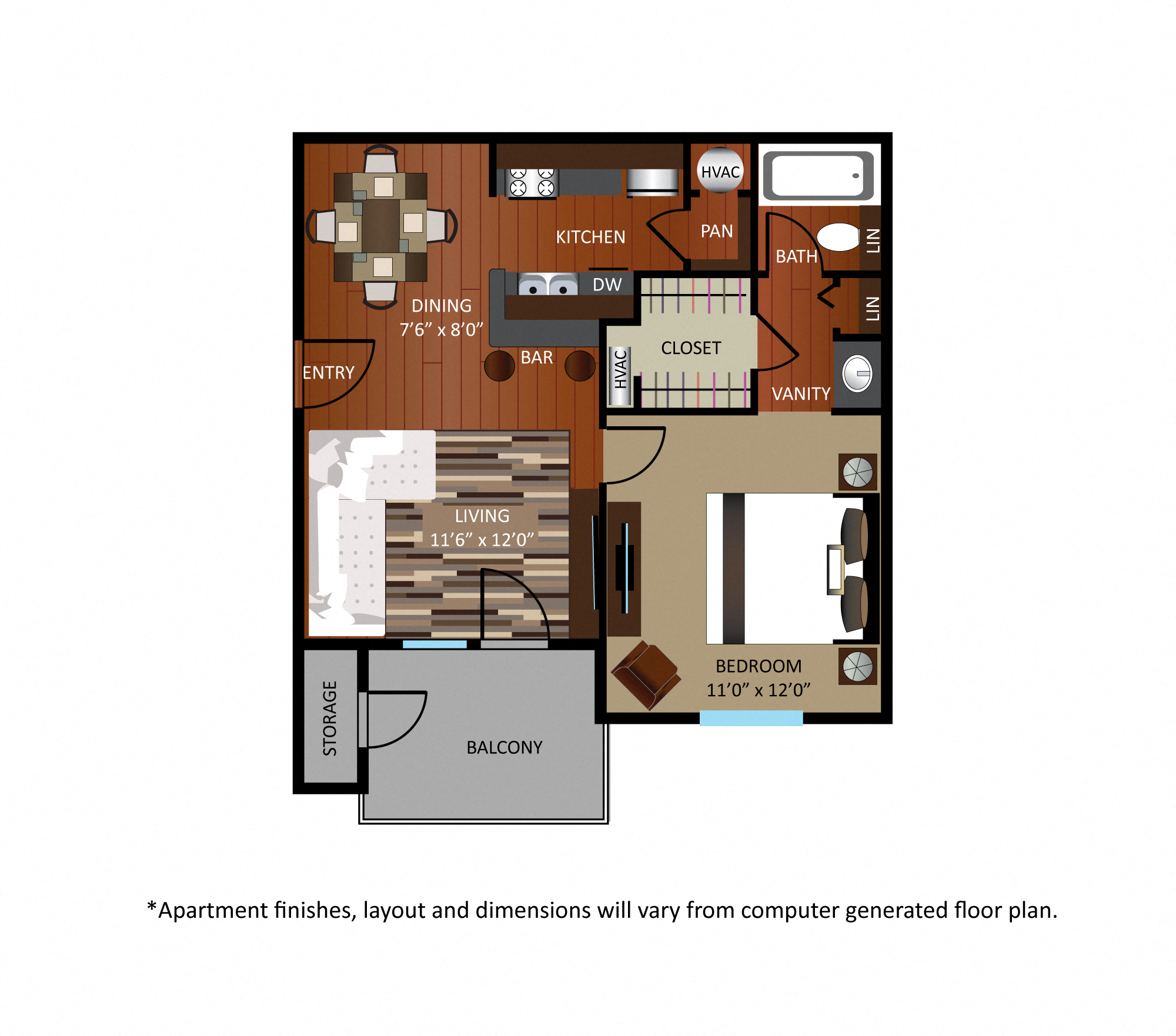 Floor plan for 1 bed, 1 bath, 550 sqft