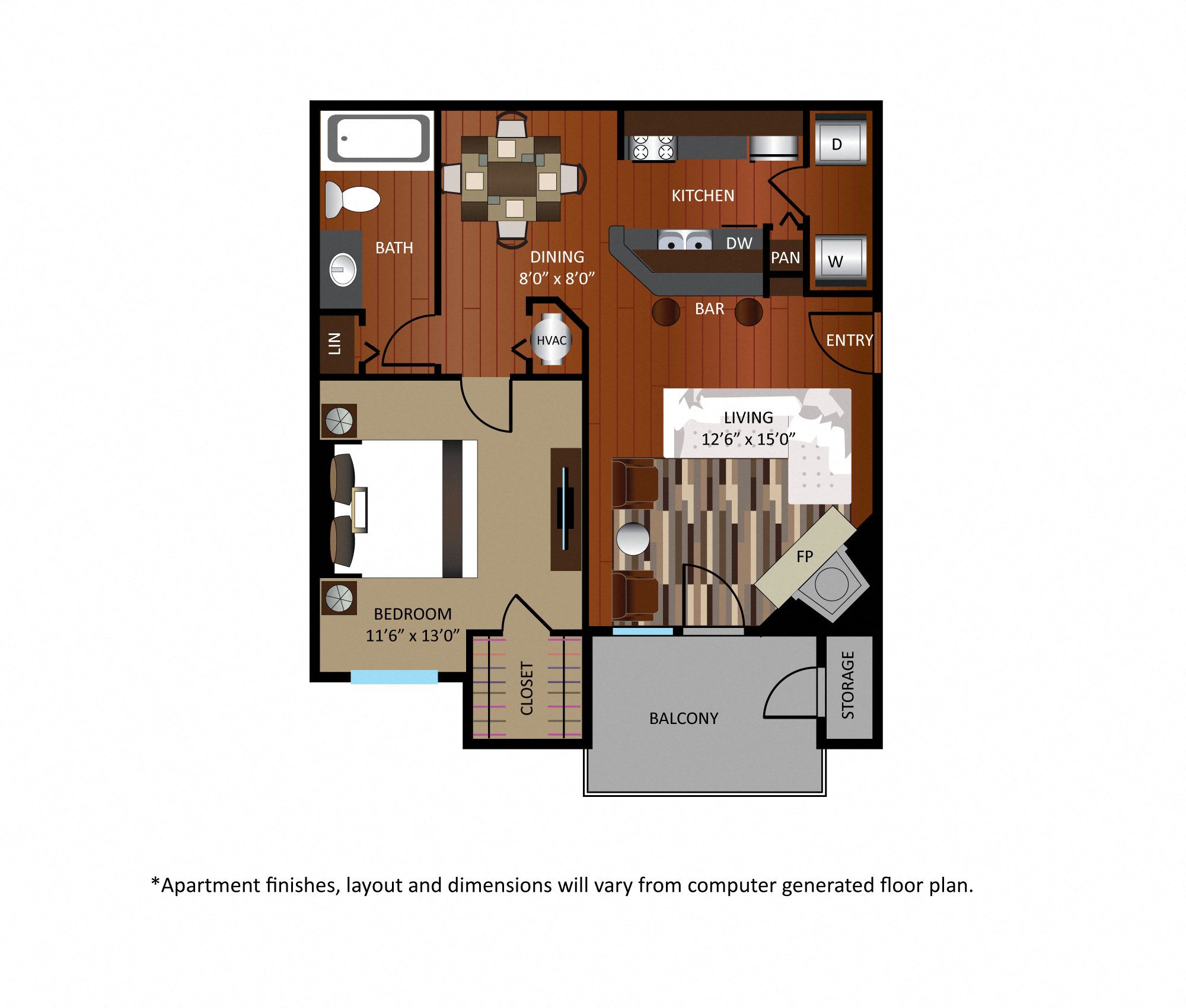 Floor plan for 1 bed, 1 bath, 671 sqft