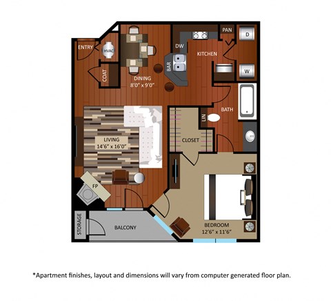 Floor plan for 1 bed, 1 bath, 782 sqft