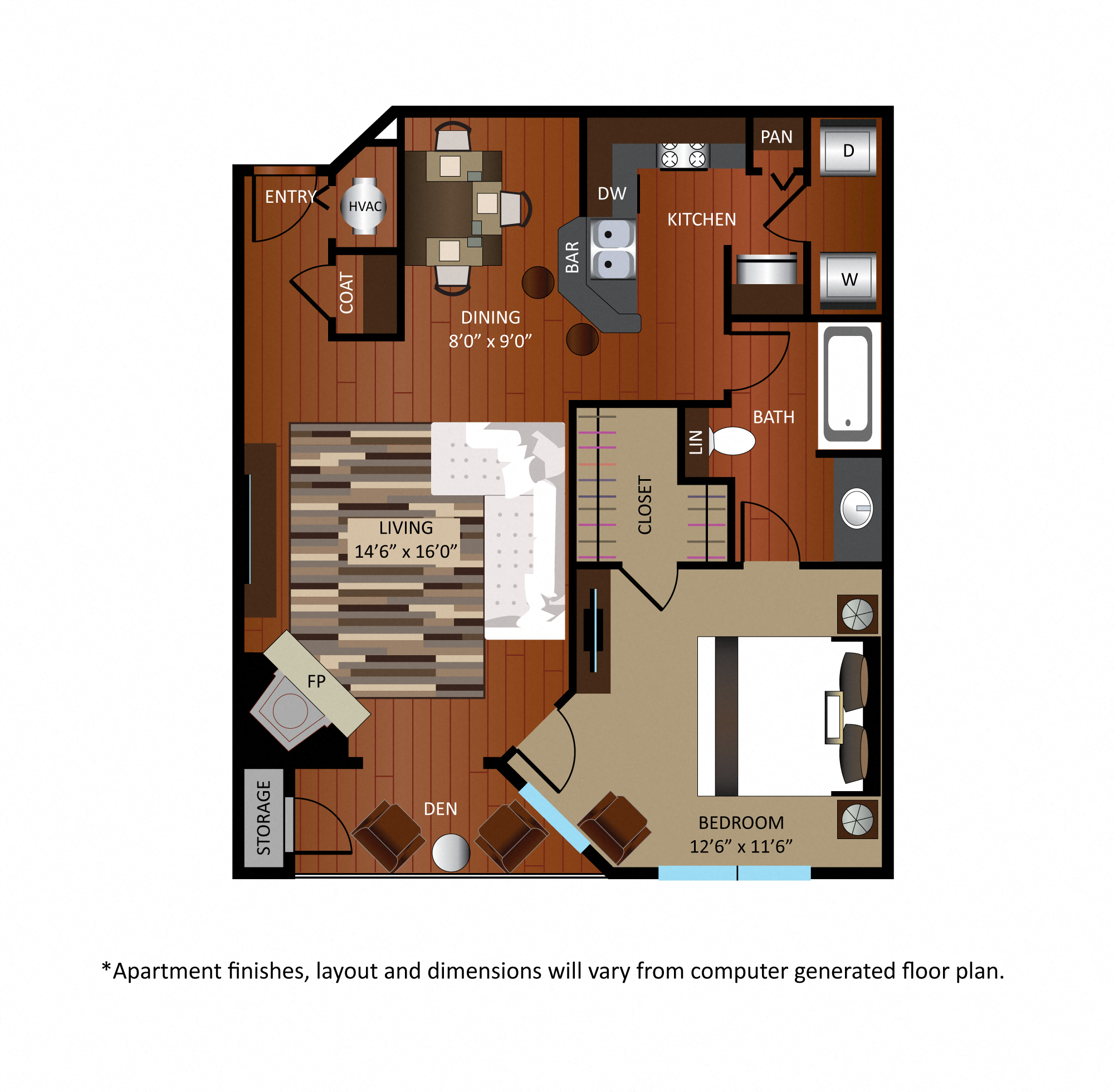 Floor plan for 1 bed, 1 bath, 852 sqft