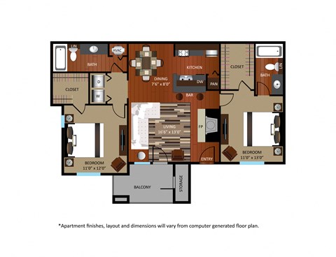 Floor plan for 2 beds, 2 baths, 913 sqft