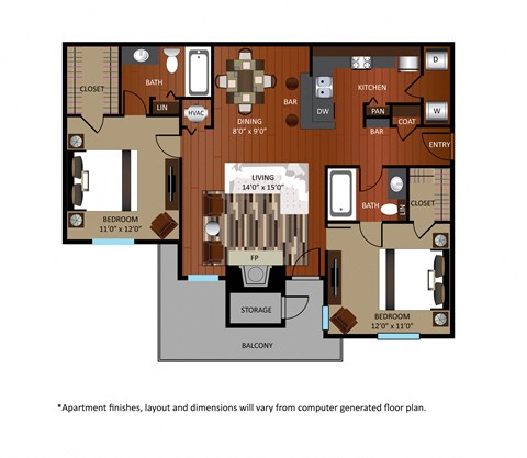 Floor plan for 2 beds, 2 baths, 970 sqft