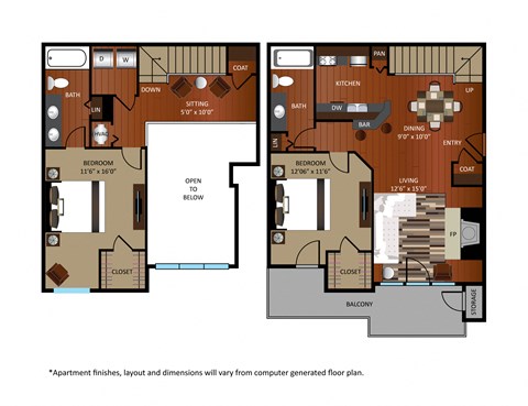 Floor plan for 2 beds, 2 baths, 1145 sqft